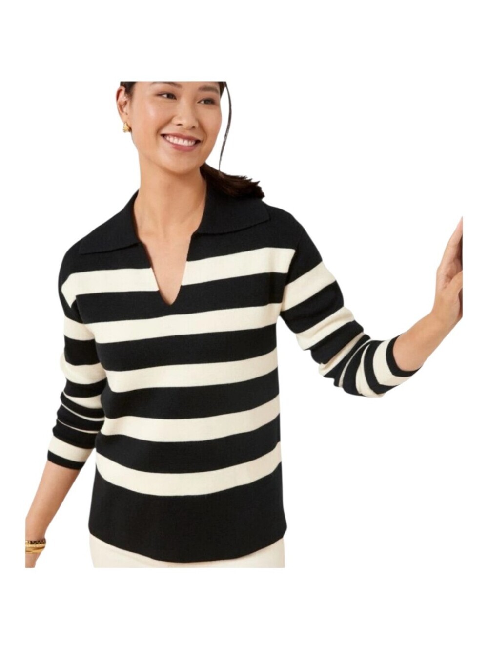 Talbots Womens Black Striped Milano Stitch Johnny Collar Wool Blend Sweater XL